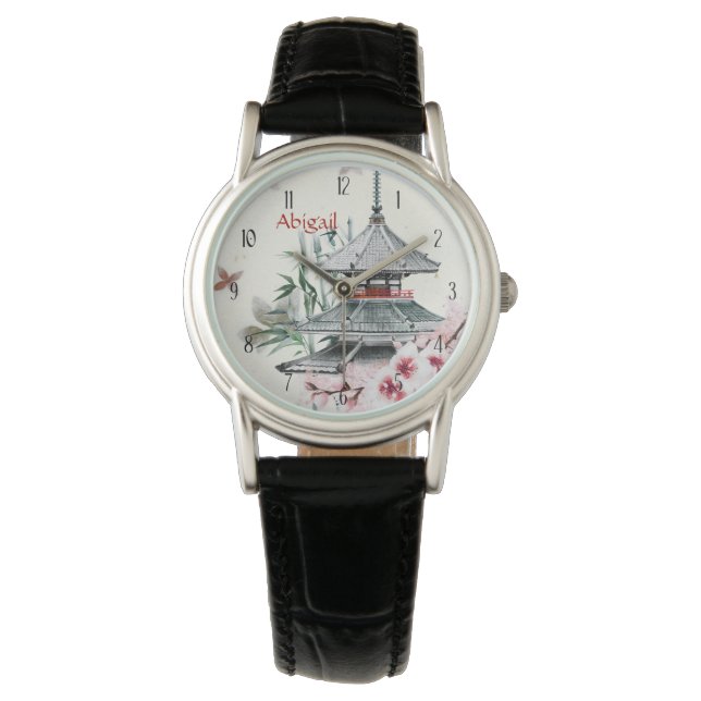 Personlig Temple, Bamboo, Cherry Blommar Japan Armbandsur (Framsida)