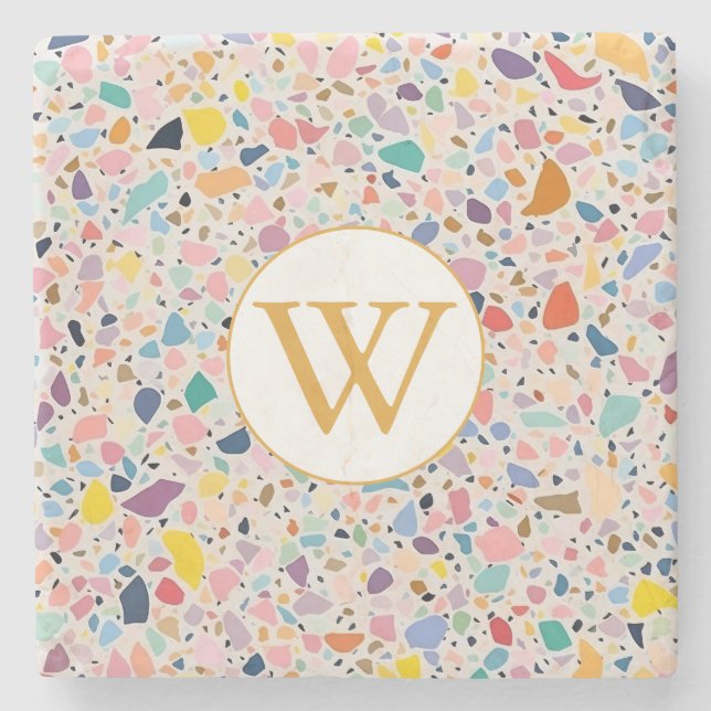 Personlig Terrazzo Pastell Färgglad Monogram Stenunderlägg (Framsidan)