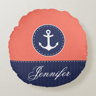 Personlig Text Blue och Coral Nautical Anchor Rund Kudde