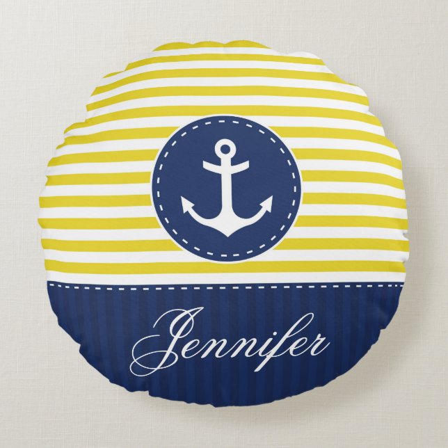 Personlig Text Blue och Gult Nautical Anchor Rund Kudde (Framsidan)