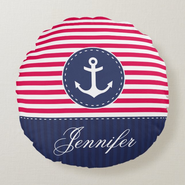 Personlig Text Blue och Red Nautical Anchor Rund Kudde (Framsidan)