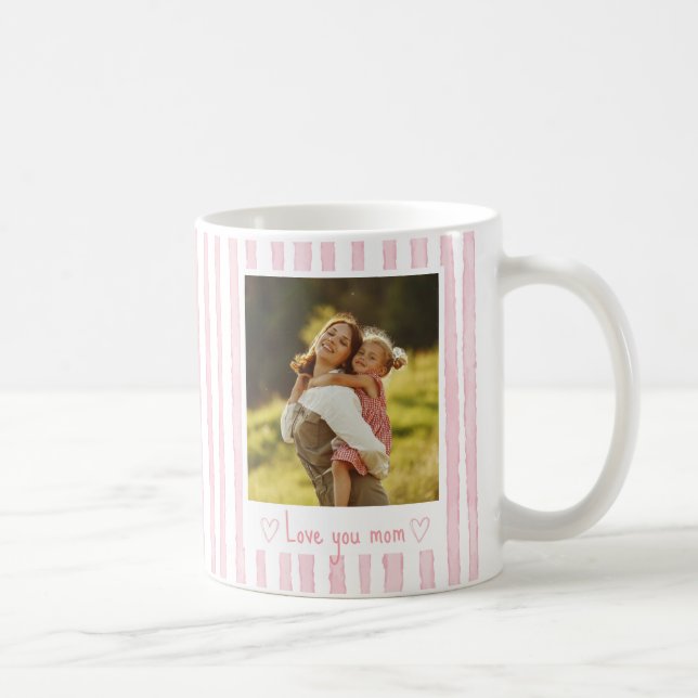Personlig text foto rosa ränder Coquette  Kaffemugg (Höger)