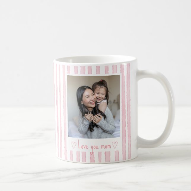 Personlig text foto rosa ränder Coquette  Kaffemugg (Höger)