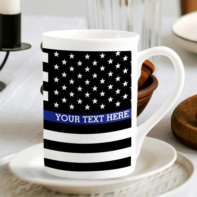 Personlig Thin Blue Line American Flagga Benporslin Mugg (Skapare uppladdad)