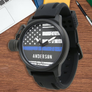 Personlig Thin Blue Line American Flagga Police Armbandsur