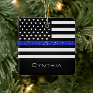 Personlig Thin Blue Line Glitter Flagga Julgransprydnad Keramik