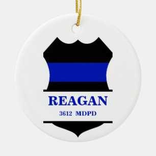Personlig Thin Blue Line Police Shield Julgransprydnad Keramik