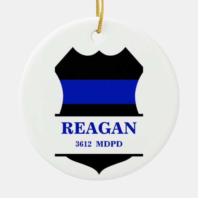 Personlig Thin Blue Line Police Shield Julgransprydnad Keramik (Framsidan)