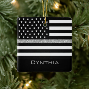 Personlig Thin Grått Line Glitter Flagga Julgransprydnad Keramik