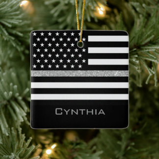 Personlig Thin Grått Line Glitter Flagga Julgransprydnad Keramik