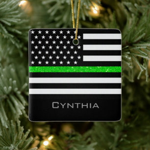 Personlig Thin Grönt Line Glitter, Flagga Julgransprydnad Keramik