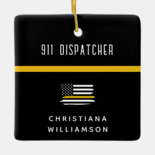 Personlig Thin Guld Line Flagga 911 Dispatcher Julgransprydnad Keramik