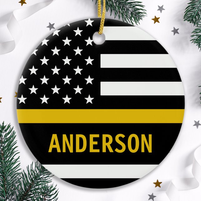 Personlig Thin Guld Line Flagga 911 Dispatcher Julgransprydnad Keramik (Skapare uppladdad)
