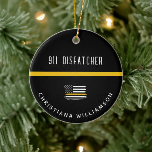 Personlig Thin Guld Line Flagga 911 Dispatcher Julgransprydnad Keramik