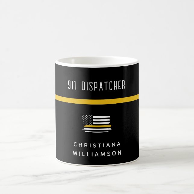 Personlig Thin Guld Line Flagga 911 Dispatcher Kaffemugg (Center)