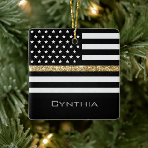 Personlig Thin Guld Line Glitter Flagga Julgransprydnad Keramik