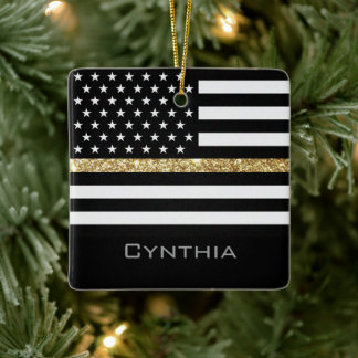 Personlig Thin Guld Line Glitter Flagga Julgransprydnad Keramik