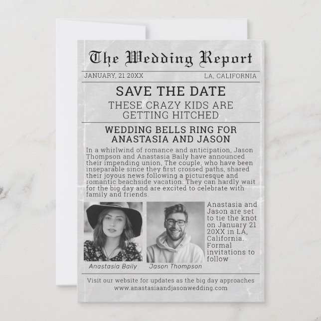 Personlig Tidningsrapport Spara datum Bröllop Inbjudningar (Framsida)