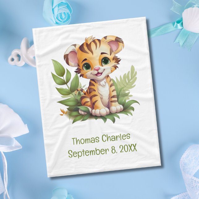 Personlig Tiger Jungle Safari Baby Blanket Fleecefilt (Tiger Jungle Safari Baby Blanket. Personalize it with babies name and birthday. )