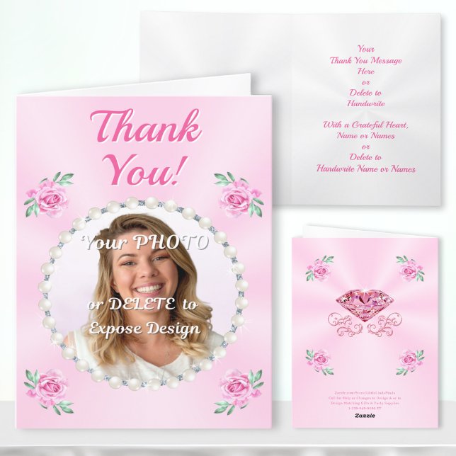 Personlig, tillfogade tackkort med PHOTO (Pink, Photo Thank You Cards. Personalized Birthday Thank You Cards. Floral birthday thank you cards.)