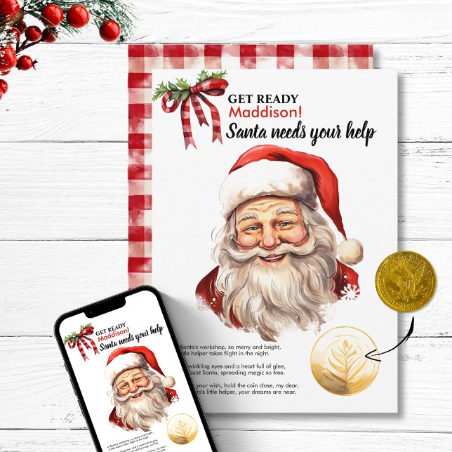 Personlig tomte behöver din hjälp Röda magiska öns Julkort (Personalized Santa Needs Your Help Red Magic Wish  Holiday Card Christmas magic gingham vintage gift)