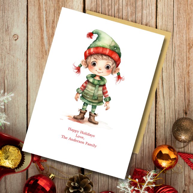 Personlig tomte julkort (Elf Christmas Holiday card Cute Adorable Whimsical Personalize it. Printed or Instant Download)