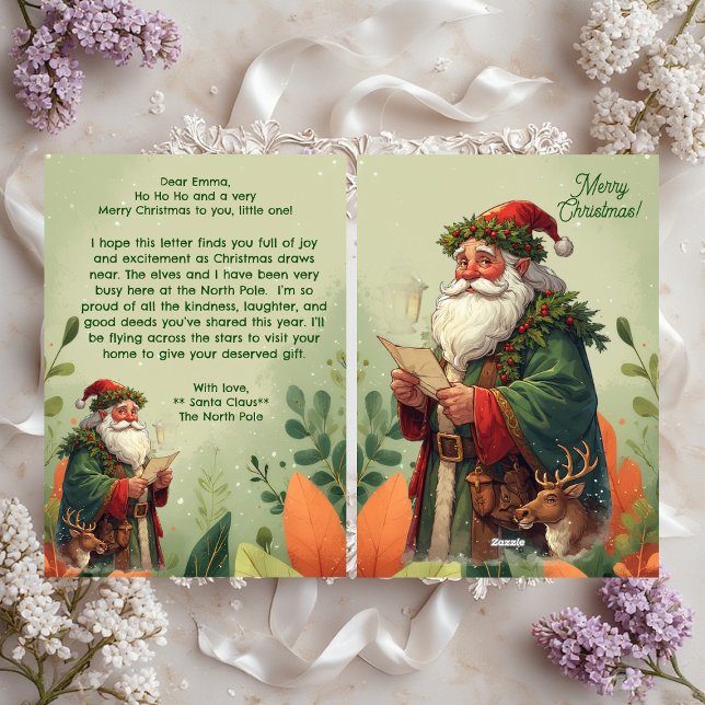 Personlig tomte Nordpolen ren djur grön Julkort (Personalized Santa Claus North Pole Reindeer Green Holiday Card)