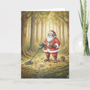 Personlig tomte som gör metalldetektering i skogen helgkort