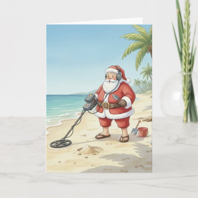 Personlig tomte som gör metalldetektering på stran helgkort (Framsida)