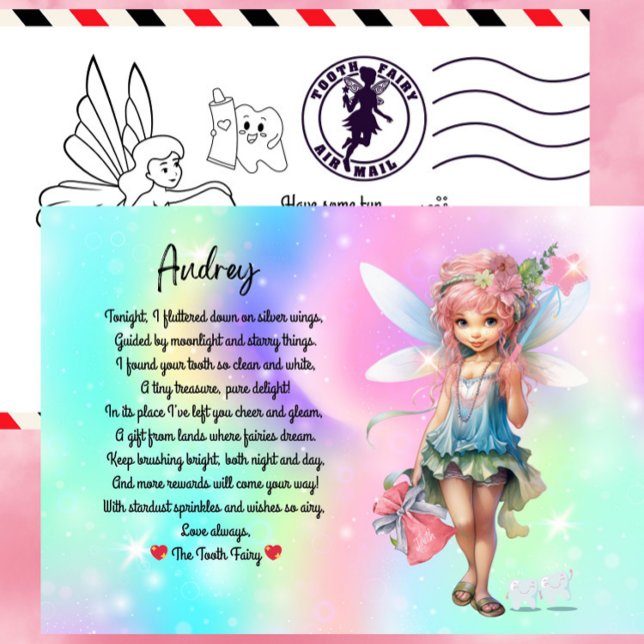 Personlig Tooth Fairy Postcard För barn Helg Vykort (Personalized Tooth Fairy Postcard with special message and colouring in on the back)