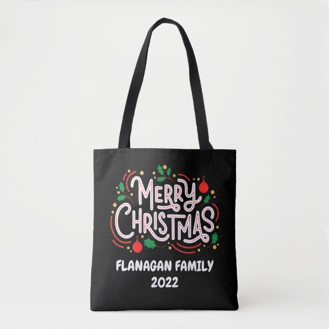 Personlig Tote Bag, Jul, Familj Namn, År Tygkasse (Framsida)