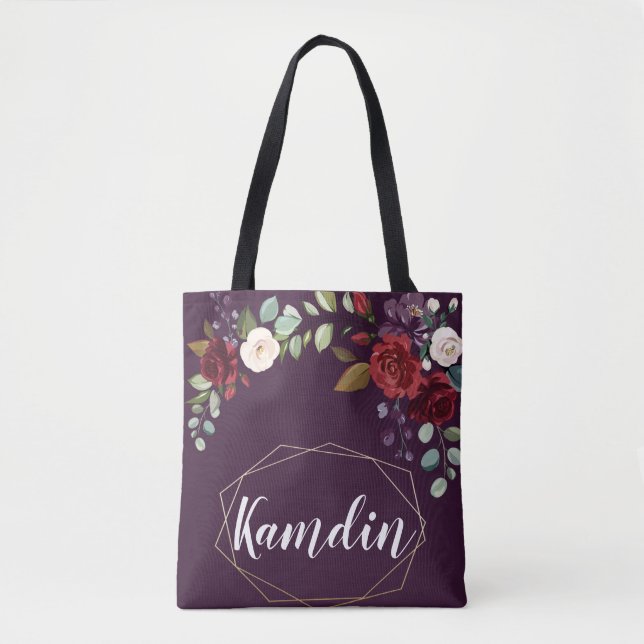Personlig Tote Bag Plum Lila Ro Guld Geome Tygkasse (Framsida)
