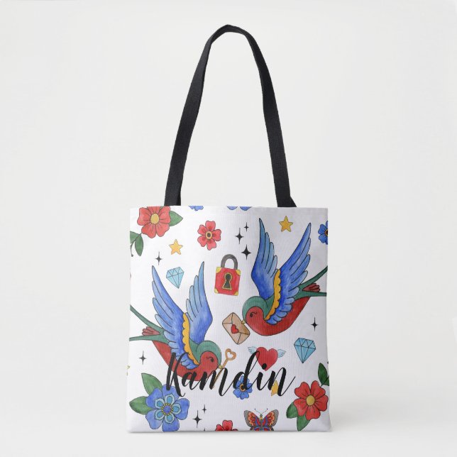 Personlig Tote Bag Traditional Bird Tatto Spar Tygkasse (Framsida)