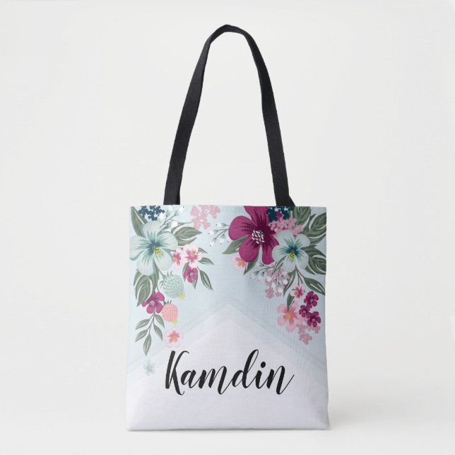 Personlig Tote Bag Tropical Flower på Blue Ombr Tygkasse (Framsida)