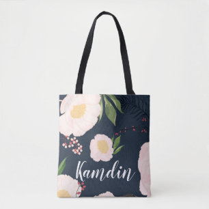 Personlig Tote Bag White Blommigt Flowers on Mörk Tygkasse