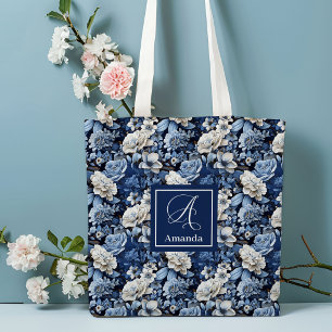 Personlig Totebag med Eleganta Blå Vita Blommor Tygkasse