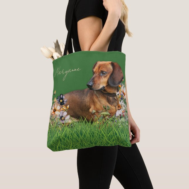 Personlig toteväska med brun dachshundhund tygkasse (Närbild)