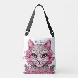 Personlig toteväska med katt och rosa rosor axelväska
