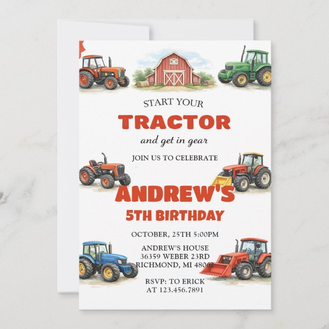 Personlig traktor födelsedags gårds fest inbjudningar (Framsida)