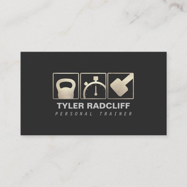Personlig tränare Kettlebell, Dumbbell, Stopwatch Visitkort (Framsida)
