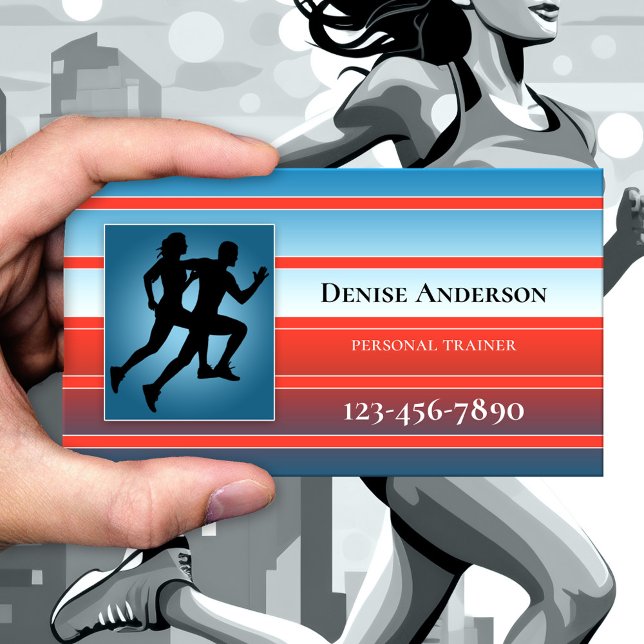 Personlig tränare mötes visitkort tidsbeställning kort (Sports appointment business card featuring joggers on a red and blue striped design - athletic)