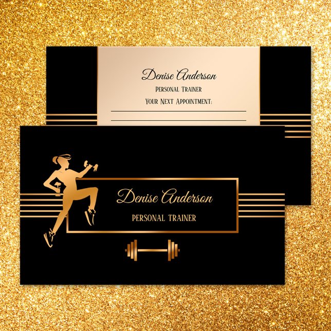 Personlig tränare möteskort tidsbeställning kort (Appointment business card for a personal trainer or fitness instructor in rose gold and black)