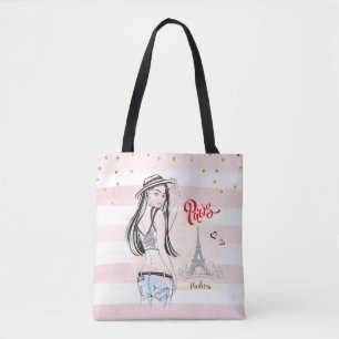 Personlig Travel Paris Rosa Rand Sketch Tygkasse