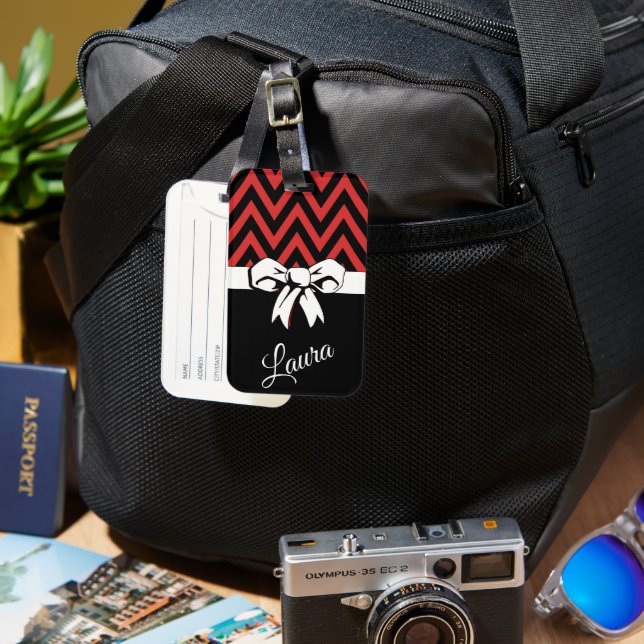 Personlig Travel Red Black White Bow Chevron Bagagebricka (Framsida & Baksida)