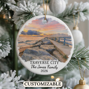 Personlig Traverse City-ornament, Michigan Julgransprydnad Keramik