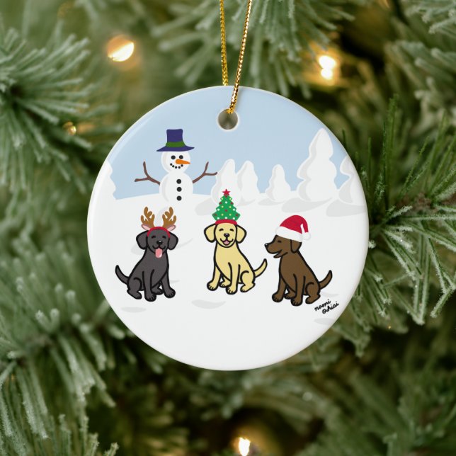 Personlig Tre Labradors och Snögubbe Julgransprydnad Keramik (Träd)