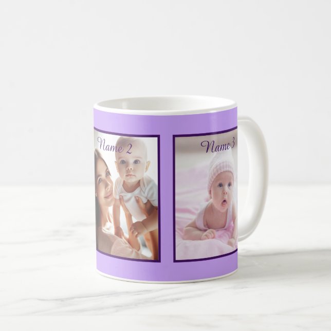 Personlig Tre Photo Namn Lilac-Elegant-skript Kaffemugg (Framsida höger)