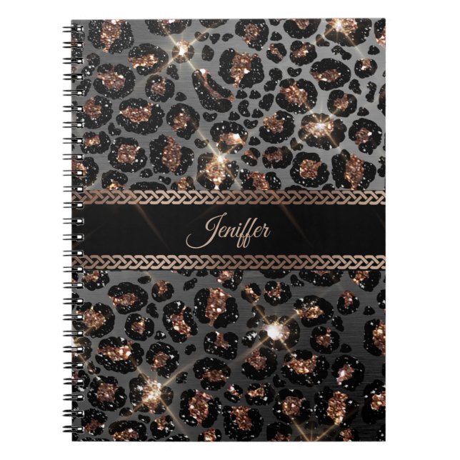 Personlig Trendig Leopard Black Guld Glitter Anteckningsbok (Framsidan)