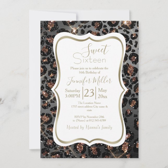 Personlig Trendig Leopard Black Guld Glitter Inbjudningar (Framsida)