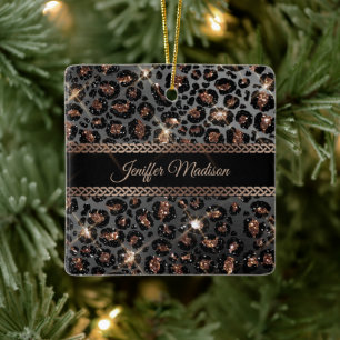 Personlig Trendig Leopard Black Guld Glitter Julgransprydnad Keramik